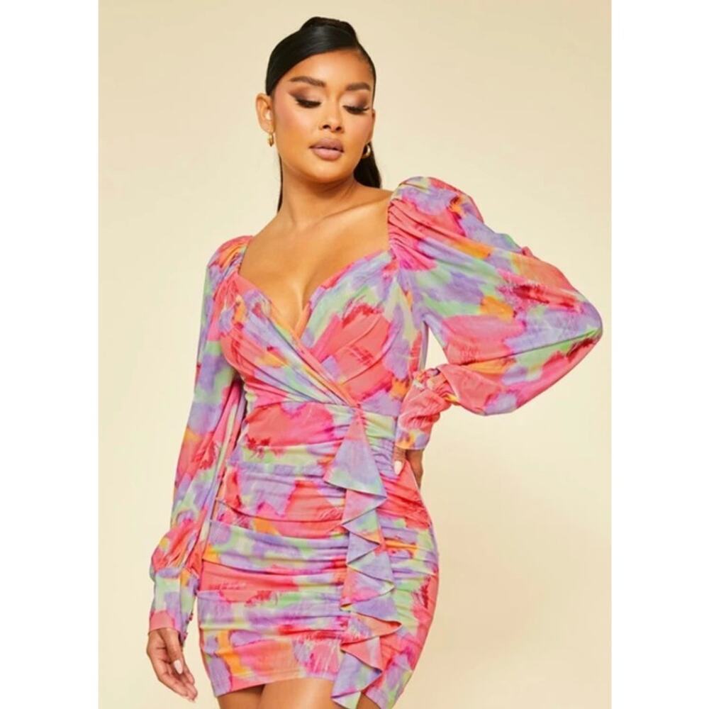 NWT Luxxel Pink Purple V-neckline Penelope Draped Mini Dress Size Large